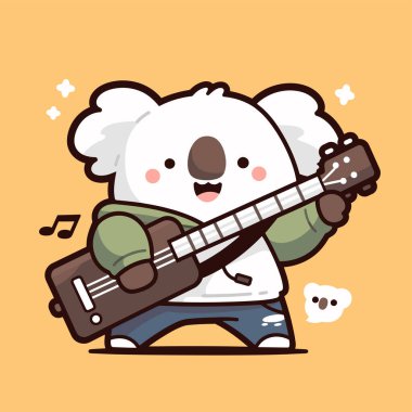 Beyaz arkaplanda izole edilmiş gitar çalan beyaz ayının vektör karikatür çizimi