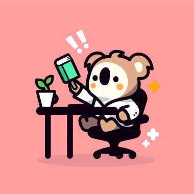 Dizüstü bilgisayarı ve çay fincanı olan sevimli çizgi film ayısı. vektör karikatür çizimi. Kawaii çizgi film karakteri. Arka planda izole. düz tasarım biçimi.