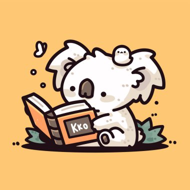 Kitap okuyan sevimli bir çizgi film karakteri ve büyük beyaz bir panda.