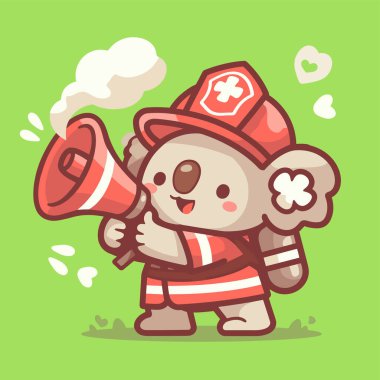 Elinde megafon tutan kırmızı ayılı şirin bir çizgi film hayvanı. vektör illüstrasyonu