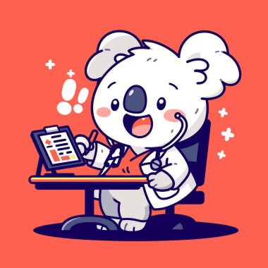 Bilgisayarın başında mutlu bir çizgi film hayvanıyla oturan sevimli beyaz panda. vektör illüstrasyonu.