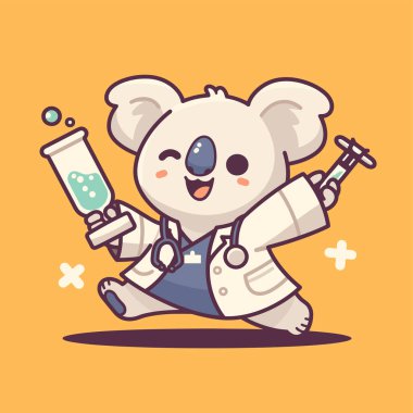 Küçük bir matarası ve steteskopu olan sevimli bir panda. vektör illüstrasyonu.