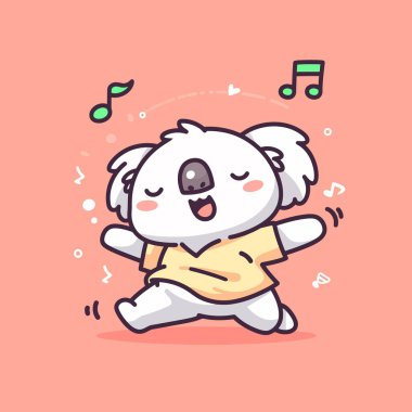 Mutlu beyaz panda şarkı söyleyerek çalıyor. Çizgi film tarzı. vektör illüstrasyonu.