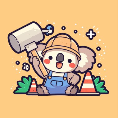 Bir kütüğün üzerinde kürek ve balta tutan küçük tatlı oduncunun vektör çizimi