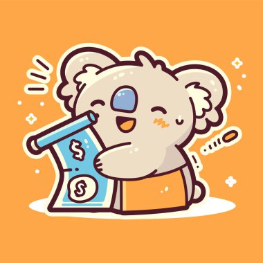 Elinde bir poşet çay tutan sevimli beyaz kedi çizgi filmi. kawaii tarzı.