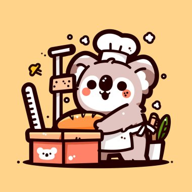 Mutfakta yemek ve yemek aletleri olan sevimli çizgi film ayısı..