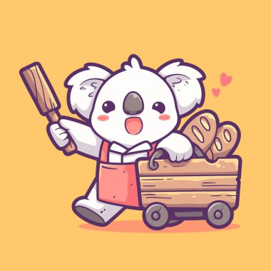 Sepet ve ekmek taşıyan sevimli çizgi film tavşanı. vektör illüstrasyonu