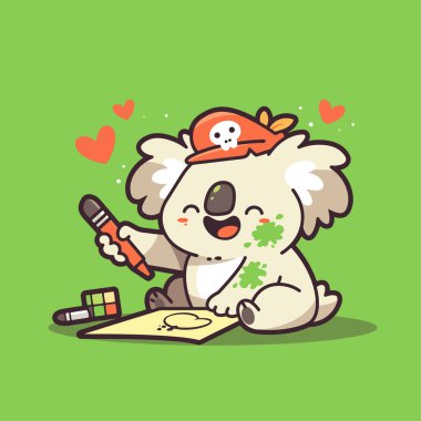 Sevimli karikatür panda kalp ve fırça tutuyor.