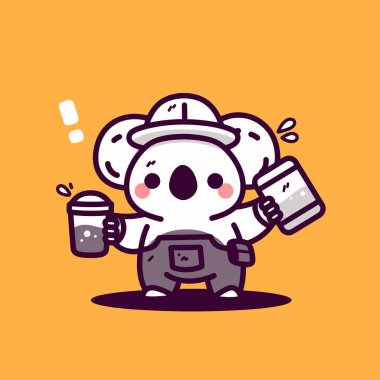 Kahve fincanı ve fincanla ayı karakterinin şirin çizgi film çizimi..