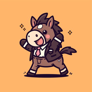 Vektör çizimi. Takım elbiseli şirin bir iş adamı ata biniyor..