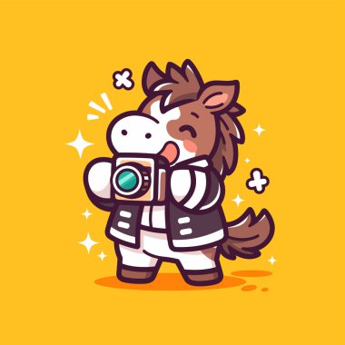 Selfie çubuğu olan şirin küçük bir at.