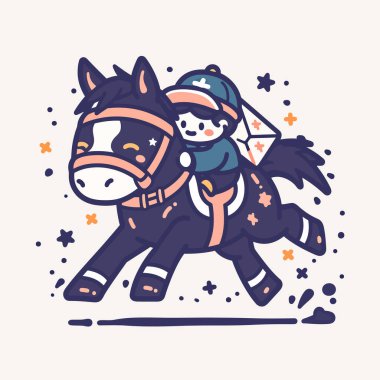 Ata binen şirin bir at. Beyaz arkaplanda izole edilmiş karikatür hayvan karakterinin vektör çizimi.