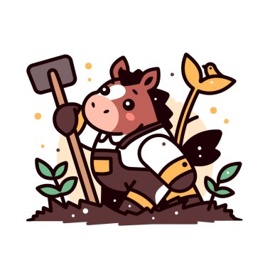 Vektör çizimi. Küreğin içinde tırmıkla sevimli bir inek.