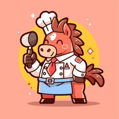 Kırmızı üniformalı aşçı şefi elinde çatal ve kaşıkla elinde bir bardak süt tutuyormuş. Pembe arkaplanda izole edilmiş vektör illüstrasyonu.