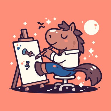 Çizgi filmlerde fırça ve paletle oynayan şirin bir çocuk. Çizgi film tarzında vektör çizimi. yaratıcı hayvan sanatı konsepti, sanat ve hobi, hobi.