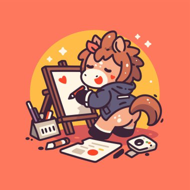 Vektör çizgi film karakteri üniformalı kız öğrenci elinde dizüstü bilgisayarla en sevdiği şeyi gösteriyor. Tabletli sevimli kedi..