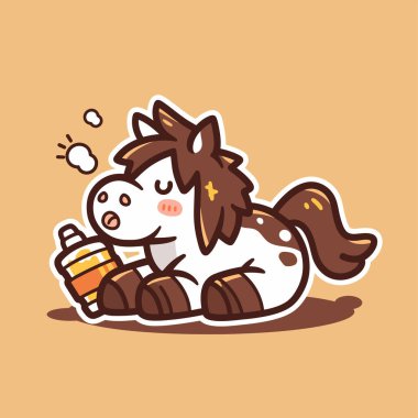 Yerde oturup bir fincan kahve içen sevimli kahverengi atın vektör çizimi.