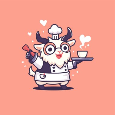 Elinde bıçakla bir fincan çay içen sevimli, komik bir inek. çizgi film kawaii karakteri. Vektör çizimi. beyaz arkaplanda izole.