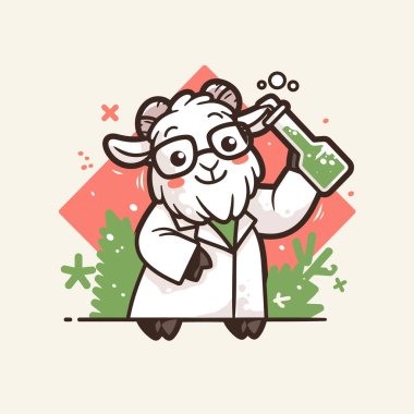 Elinde süt şişesi olan sevimli bir çizgi film bilim adamının vektör çizimi. Hayvan, bilim ve eğitim kavramı. düz dizayn.