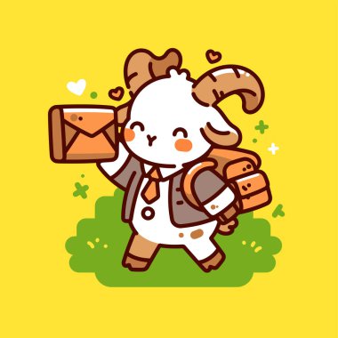 İçinde mektup olan bir çantayı elinde tutan sevimli kawaii karakterinin vektör çizimi. Sarı arka planda izole edilmiş. düz biçim tasarımı