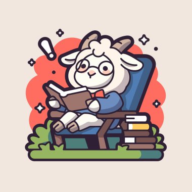 Çizgi film karakteri illüstrasyonunda küçük sevimli keçi kitabı okuyor.