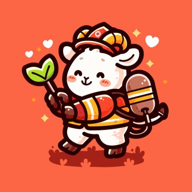 Kırmızı kostümlü şirin bir panda ve kırmızı lale buketli bir şapka. karikatür hayvan çizimi. Tişörtler ve tebrik kartları için uygun