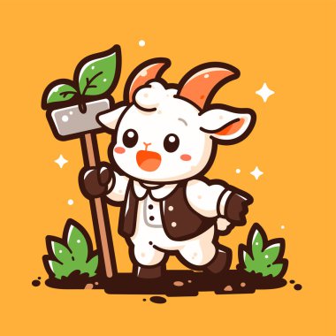 Kürek ve kürekle şirin, mutlu bir tavşan. vektör illüstrasyonu.