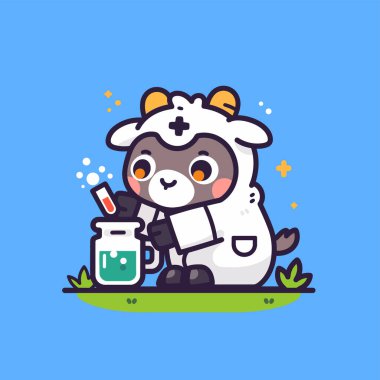 Çizgi film vektör illüstrasyonunda süt içen sevimli inek.