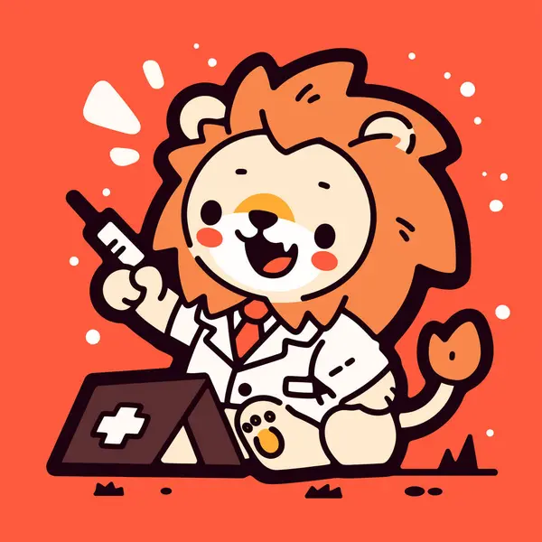 Steteskopu ve kedisi olan sevimli çizgi film aslanı.