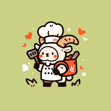 Sevimli, gülümseyen, gülümseyen bir şef çizgi film karakteri ve tatlı bir tavuk. vektör illüstrasyonu