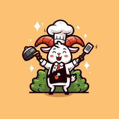 Çatal tutan ve elinde bıçak tutan mutlu bir keçinin çizimi.