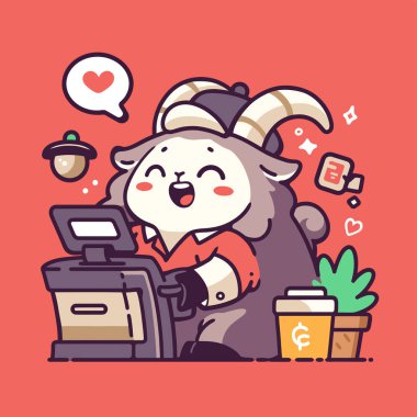 Elinde bilgisayar ve metinle kahve fincanı tutan sevimli bir boğa maskot karakterinin vektör çizimi. düz tasarım biçimi.