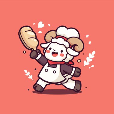 Beyaz şapkalı sevimli çizgi film şefi elinde oklavayla et pişiriyor. düz vektör biçimi