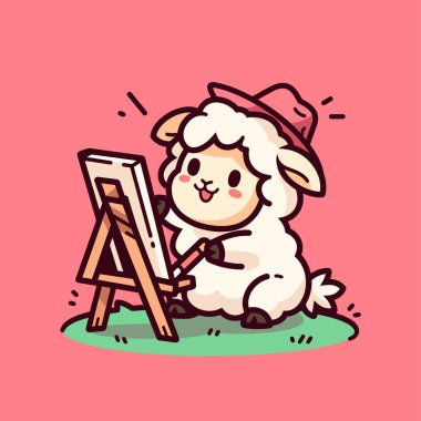 Şirin küçük koyunlar oturuyor ve sehpaya resim çiziyor..