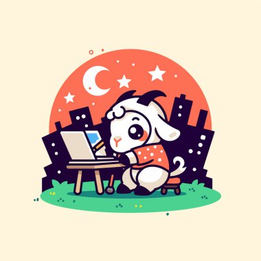 Laptop kullanan sevimli bir köpek. Vektör çizimi. düz dizayn