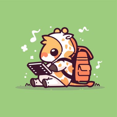 Sırt çantası ve tablet bilgisayarda küçük sevimli bir ayı..