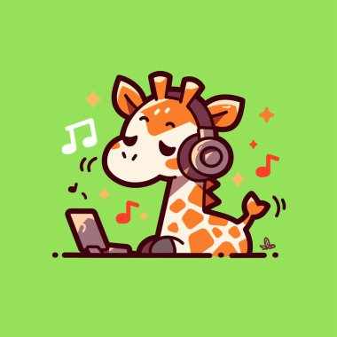 Dizüstü bilgisayarla müzik çalan sevimli bir hayvan çizgi filmi. vektör illüstrasyonu.