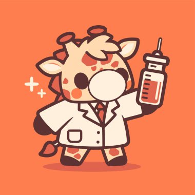 Şırıngalı sevimli zürafa doktoru çizgi film karakteri. vektör illüstrasyonu.