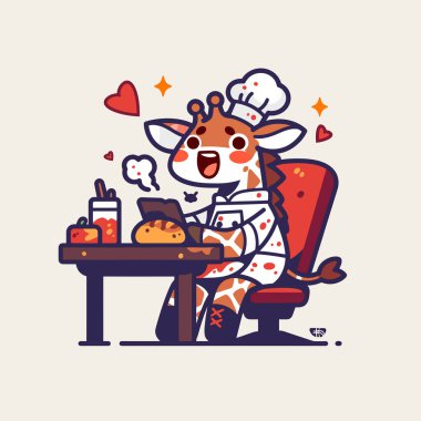 Ekose gömlekli sevimli bir zürafa karakteri ve modern tarzda bir fincan kahve içeren vektör çizimi. Tatlı bir hayvan.