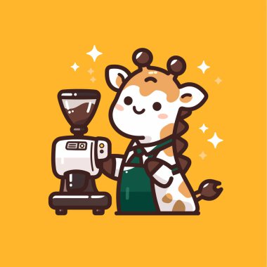 Kahve makinesi ve kahve çekirdekleri içinde küçük tatlı bir kız. vektör illüstrasyonu.