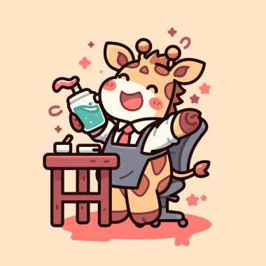 Güzel çizgi film karakteri takım elbiseli bir kaplan içki içiyor ve bir fincan çay içiyor..