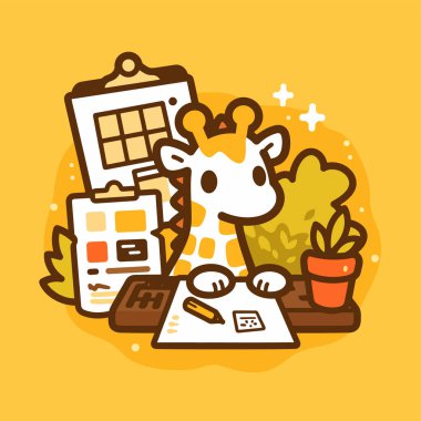 Dizüstü bilgisayarı olan sevimli zürafa çizgi filmi