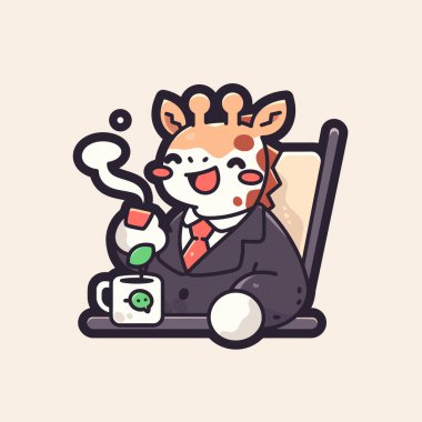 Şirin bir çizgi film karakteri, küçük bir panda oturuyor ve elinde bir fincan kahve tutuyor.