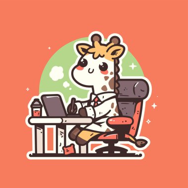 Ofisinde dizüstü bilgisayarla sandalyede oturan sevimli zürafa.