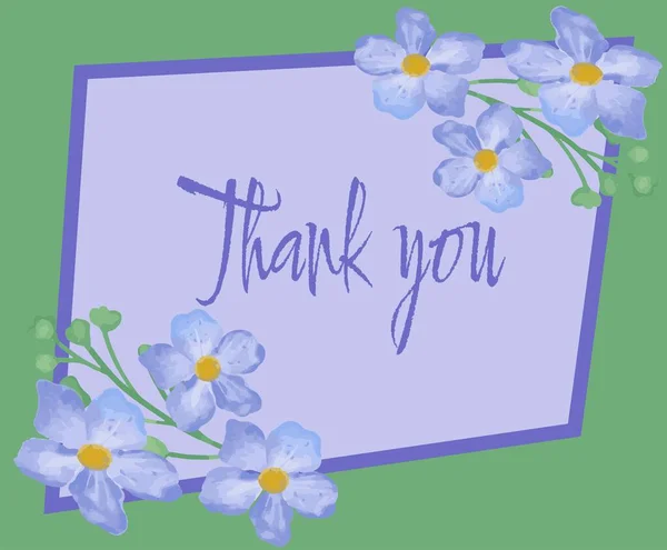 Acuarela Flores Azules Ramo Con Verdor Enmarcado Gracias Tarjeta Vector — Vector de stock