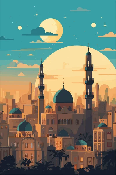Ägypten Abend Stadt Vektor Flache Illustration Vorlage Für Werbung Reisebanner — Stockvektor