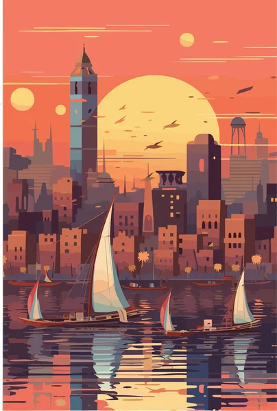 Egypte Ville Soir Illustration Vectorielle Plate Modèle Bannière Voyage Publicitaire — Image vectorielle