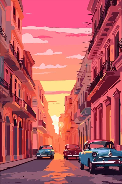 Kuba Havanna Stadtlandschaft Abend Vektorflache Illustration — Stockvektor