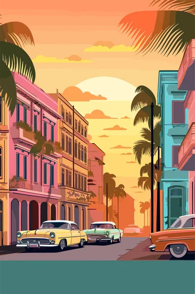 古巴哈瓦那市城市景观在晚上 矢量平面插图 — 图库矢量图片