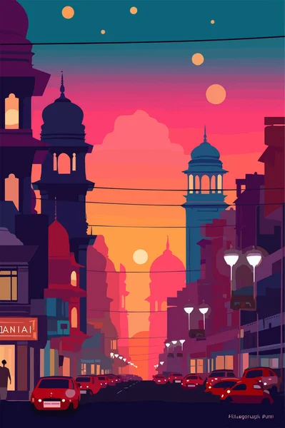 Indische Stadtlandschaft Abend Vektorflache Illustration — Stockvektor